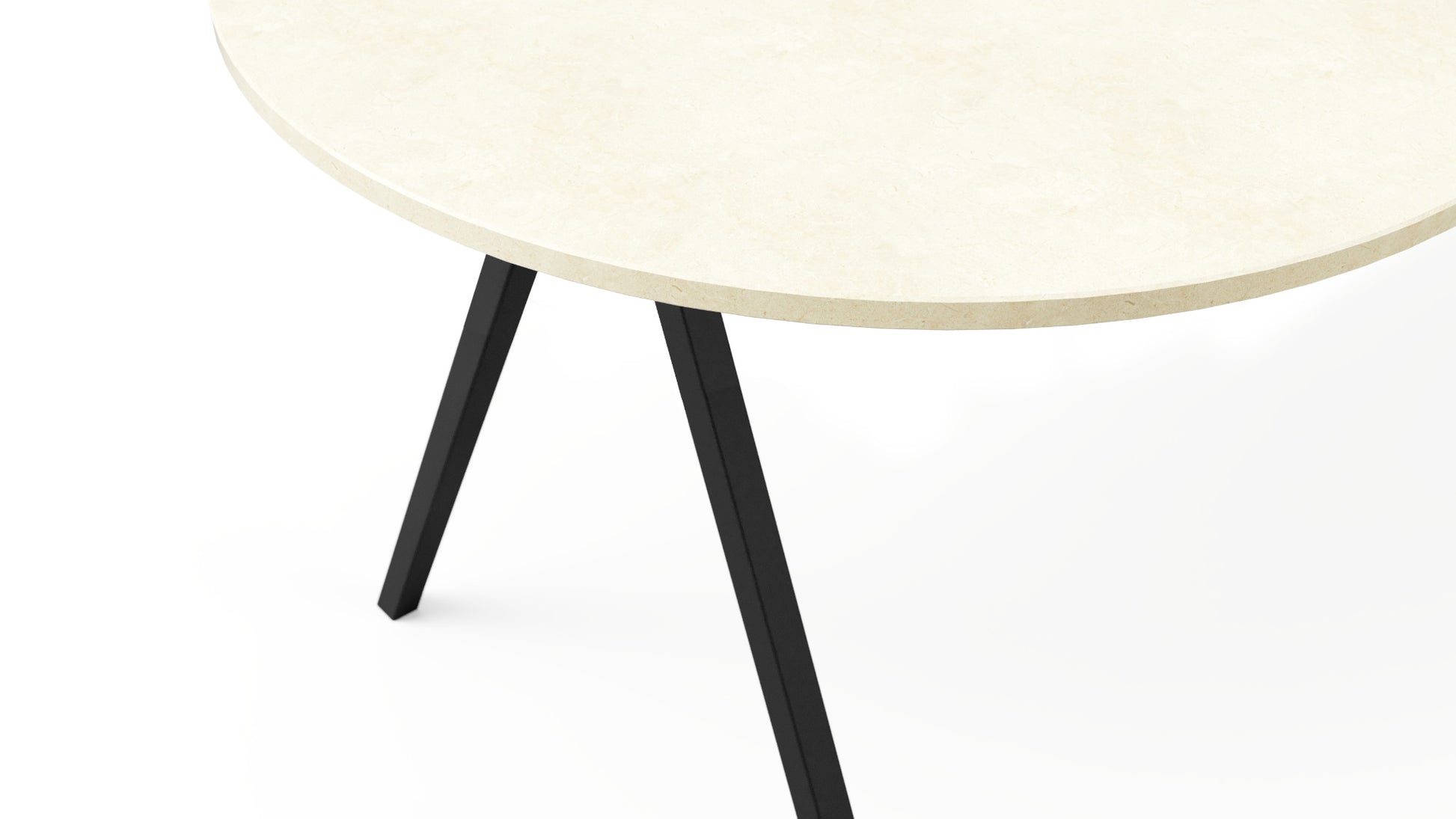 Half oval marble dining table with Crema Marfil beige marble top and V-frame base, ideal for elegant dining spaces.