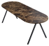Dark Emperador brown marble half oval dining table with V-frame base, glossy finish, ideal for elegant dining spaces.