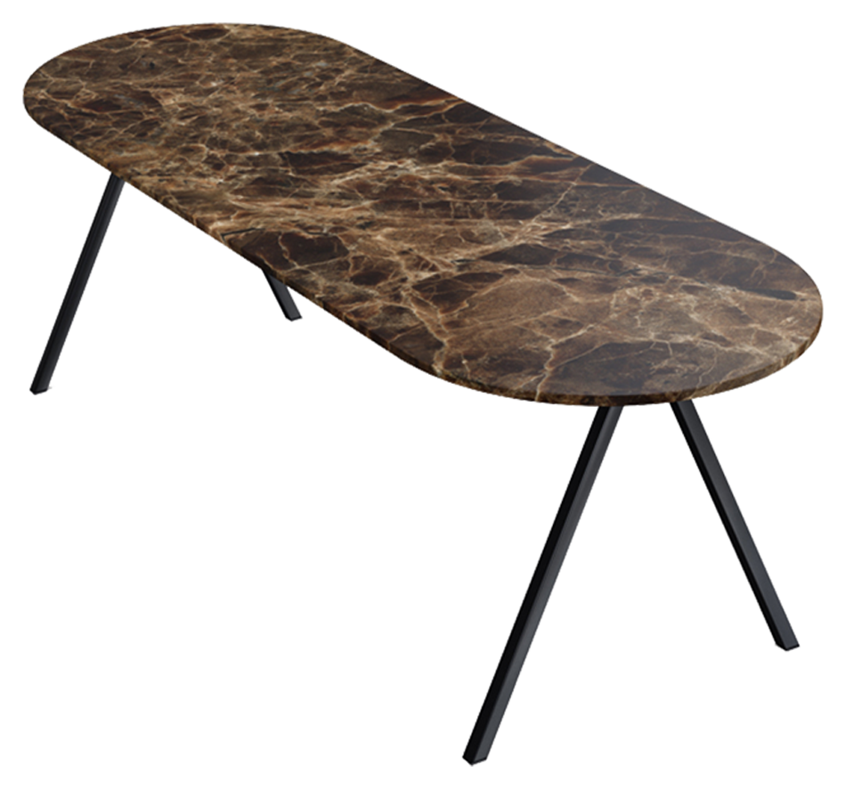 Dark Emperador brown marble half oval dining table with V-frame base, glossy finish, ideal for elegant dining spaces.