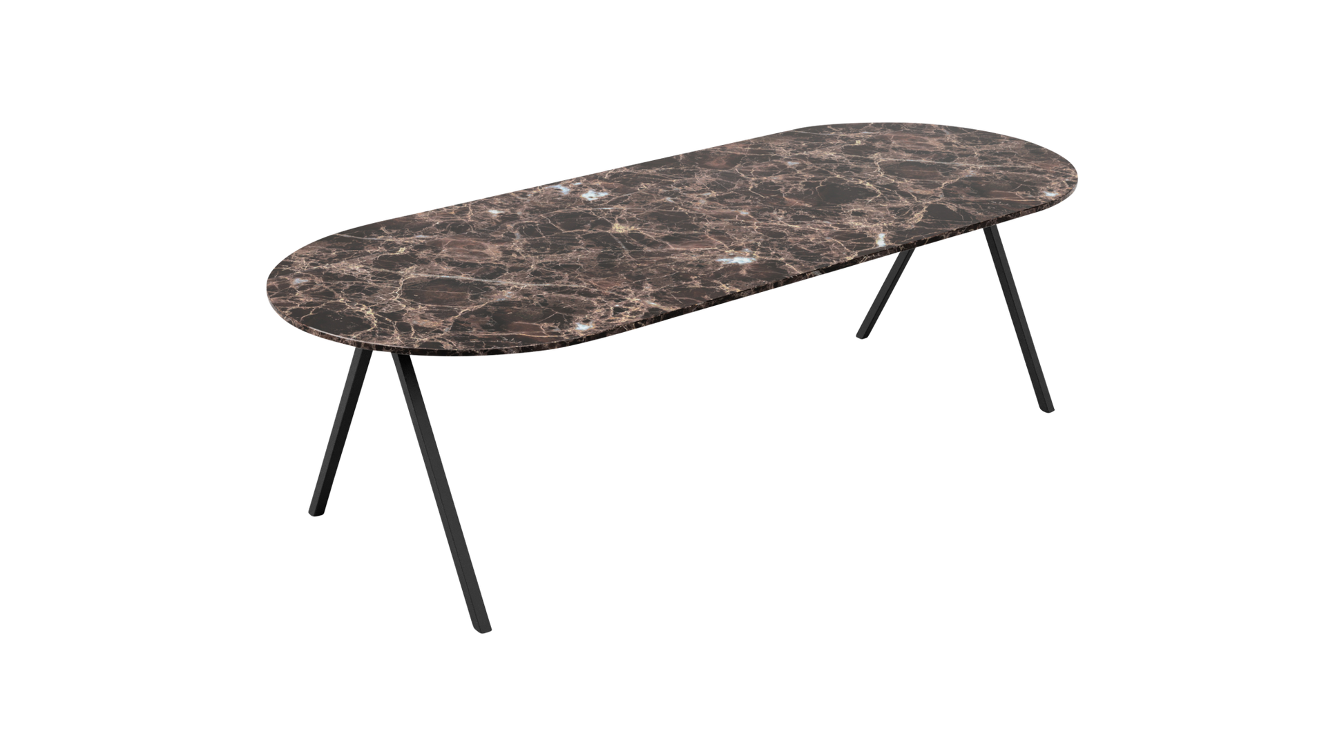 Dark Emperador brown marble half oval dining table with V-frame base, glossy finish, 160x80 cm, by My Store.