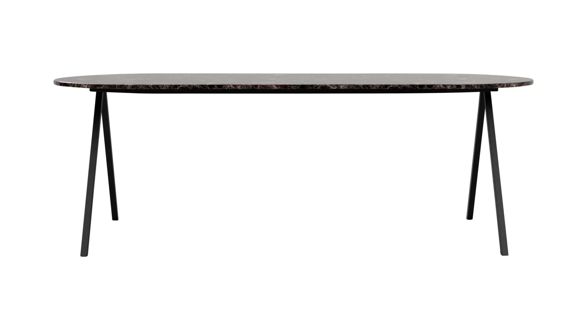 Dark Emperador brown marble half oval dining table with V-frame base, glossy finish, ideal for modern dining rooms.