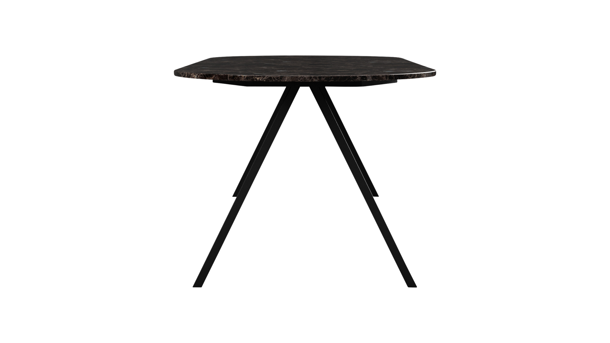 Dark Emperador brown half-oval marble dining table with V-frame base, glossy finish, suitable for modern dining rooms.