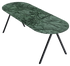 Half oval marble dining table with India Green marble top and V-frame base, glossy finish, measuring 160 x 80 cm.