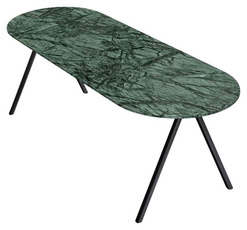 Half oval marble dining table with India Green marble top and V-frame base, glossy finish, measuring 160 x 80 cm.