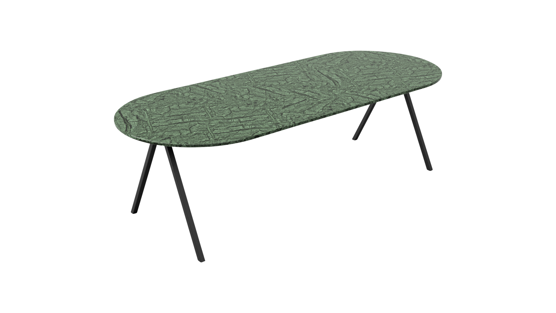 Glossy half oval marble dining table in India Green with V-frame, 160x80 cm, by My Store.