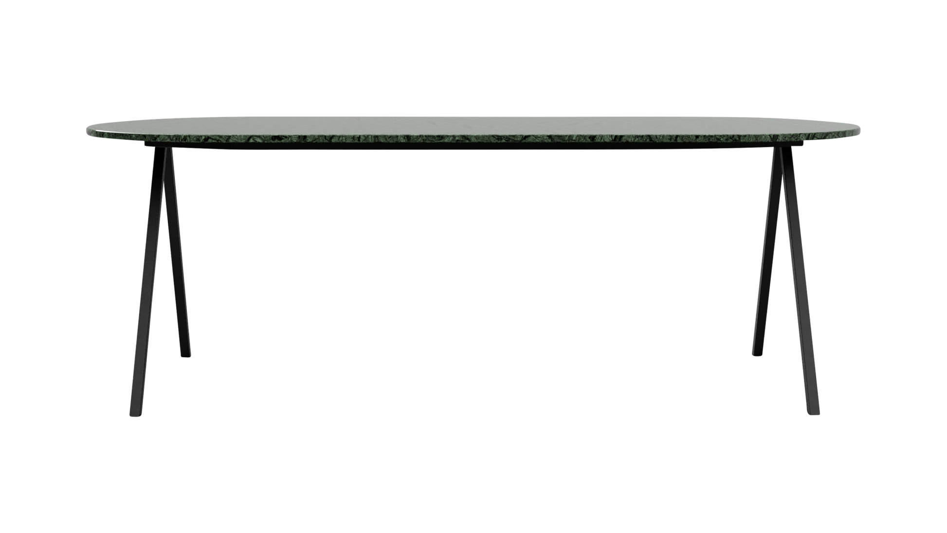 Half oval India Green marble dining table with glossy finish and V-frame design, perfect for modern dining spaces.