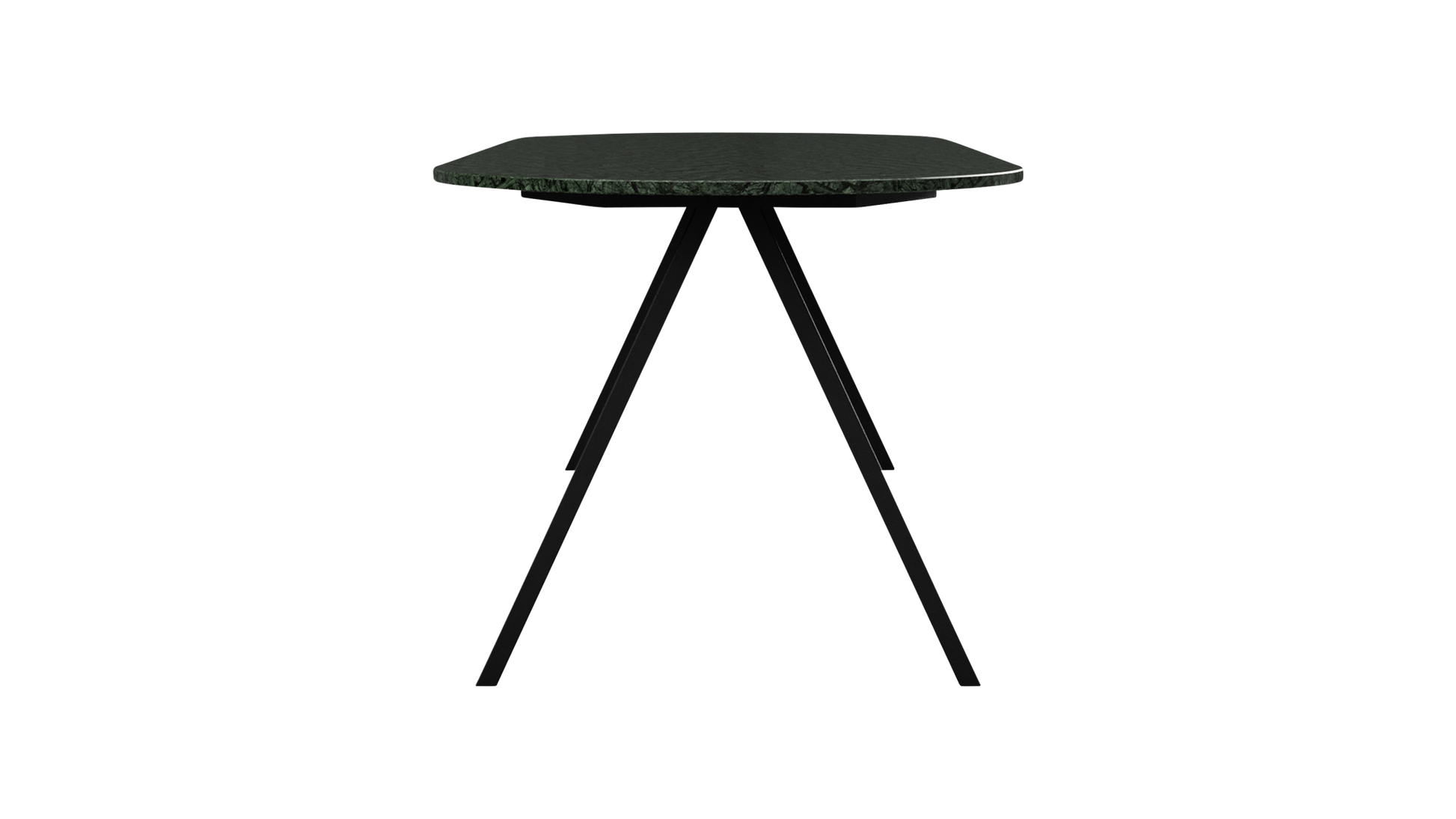 Glossy half oval marble dining table with India Green marble and V-frame base, perfect for modern dining spaces.