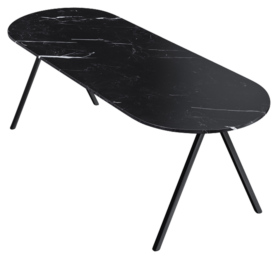 Half oval Nero Marquina black marble dining table with V-frame base, glossy surface, 160x80 cm, by My Store.