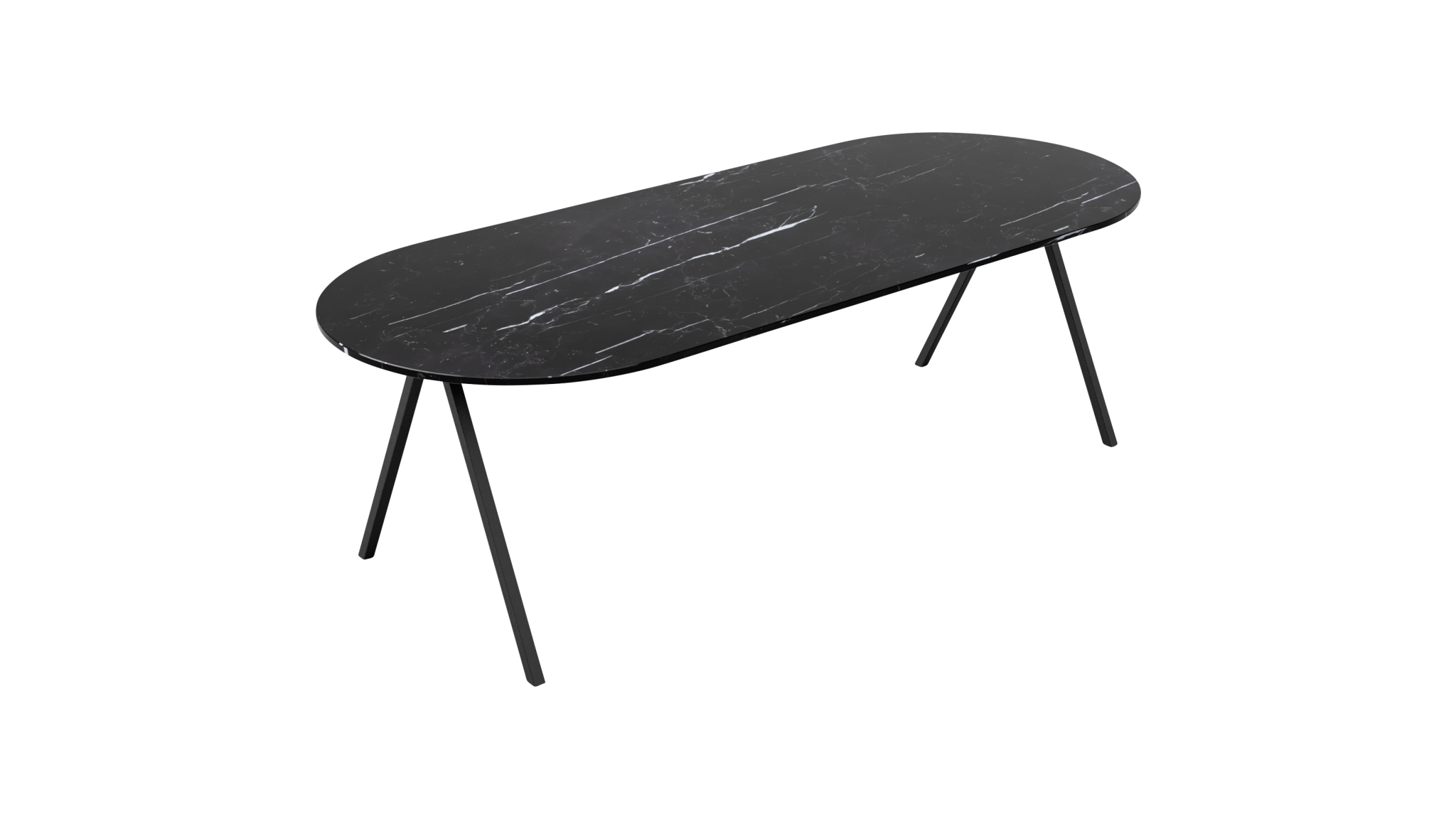 Glossy black Nero Marquina marble half oval dining table with V-frame, 160x80 cm, ideal for modern dining spaces.