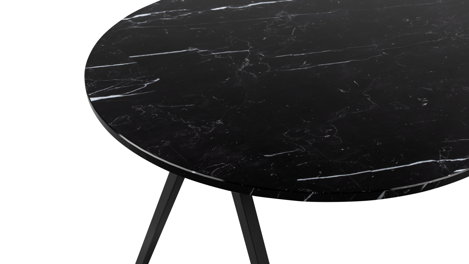 Glossy Nero Marquina black half oval marble dining table with V-frame base, 160 x 80 cm, by My Store.