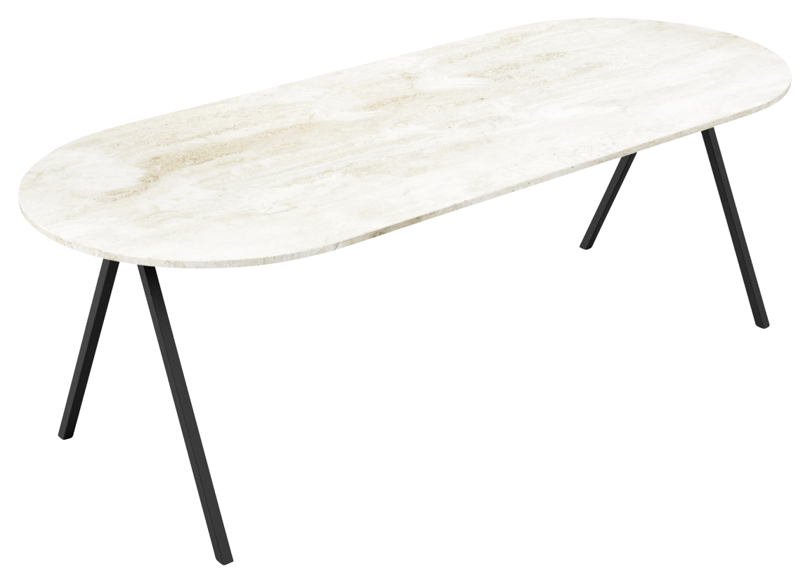 Half oval travertine dining table with V-shaped legs, featuring a sleek and modern design for stylish dining spaces.