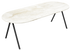 Half oval travertine dining table with V-shaped legs, featuring a sleek and modern design for stylish dining spaces.