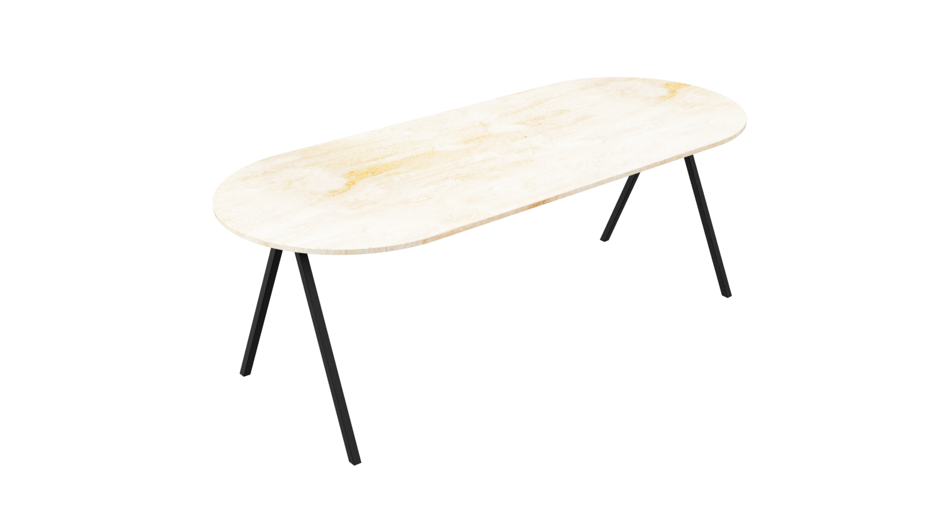 Half oval travertine dining table with V-shaped legs, 160x80 cm, showcasing the elegant natural stone surface and modern design.