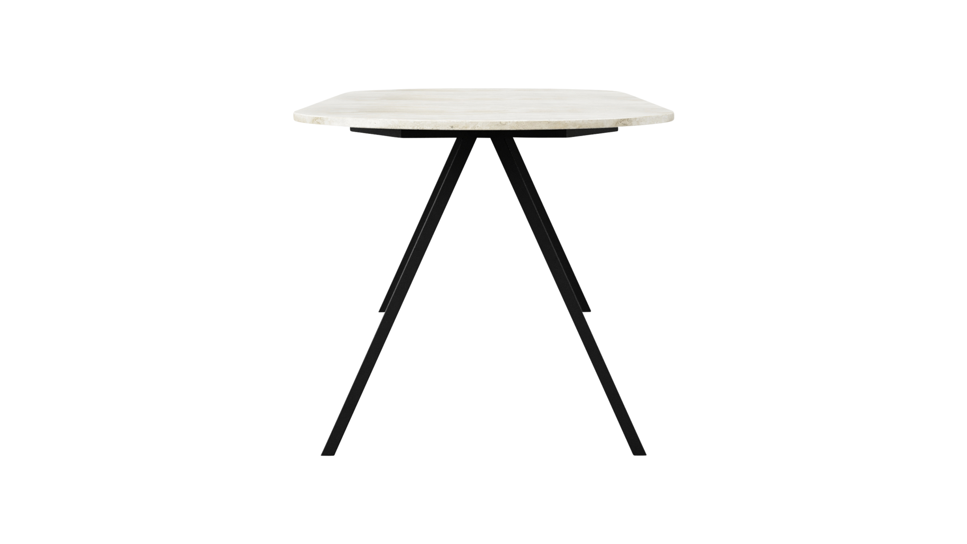 Half oval travertine dining table with V-shaped legs, 160x80 cm, showcasing a smooth, elegant stone surface and modern design.