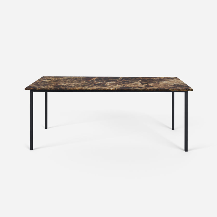 Rectangular marble dining table with dark Emperador brown finish, glossy surface, four legs, ideal for modern dining rooms.