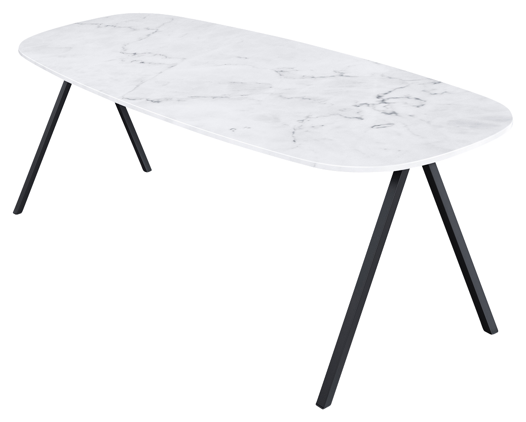 Celio Marble Dining Table by My Store with Bianco Carrara White marble surface and V-shaped white metal frame.