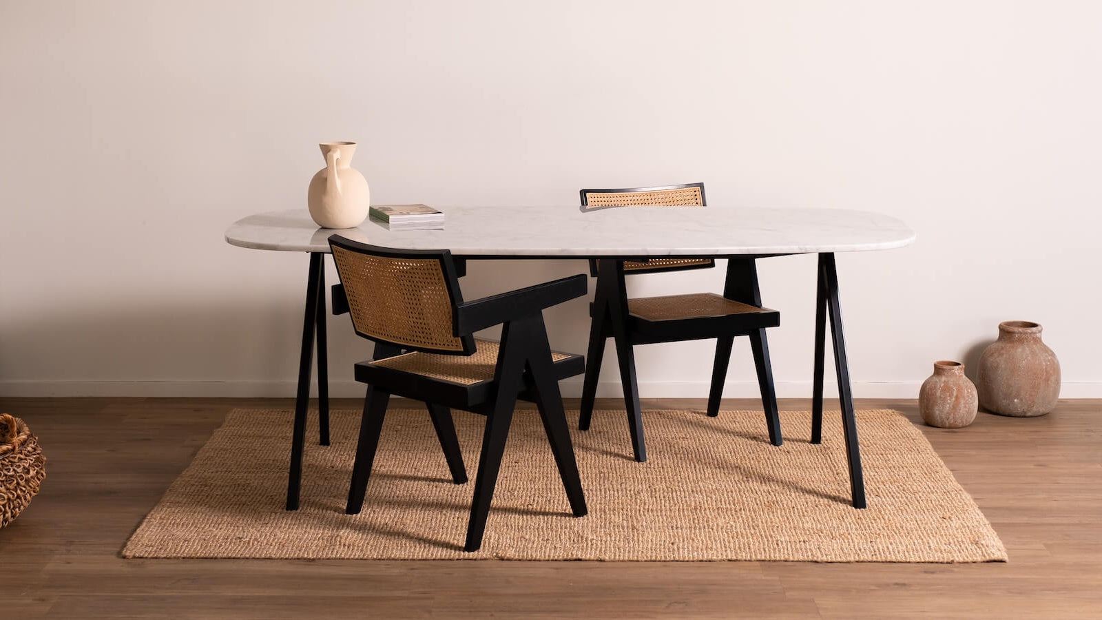 Celio Marble Dining Table by My Store with Bianco Carrara white marble surface and V-frame design, glossy finish.