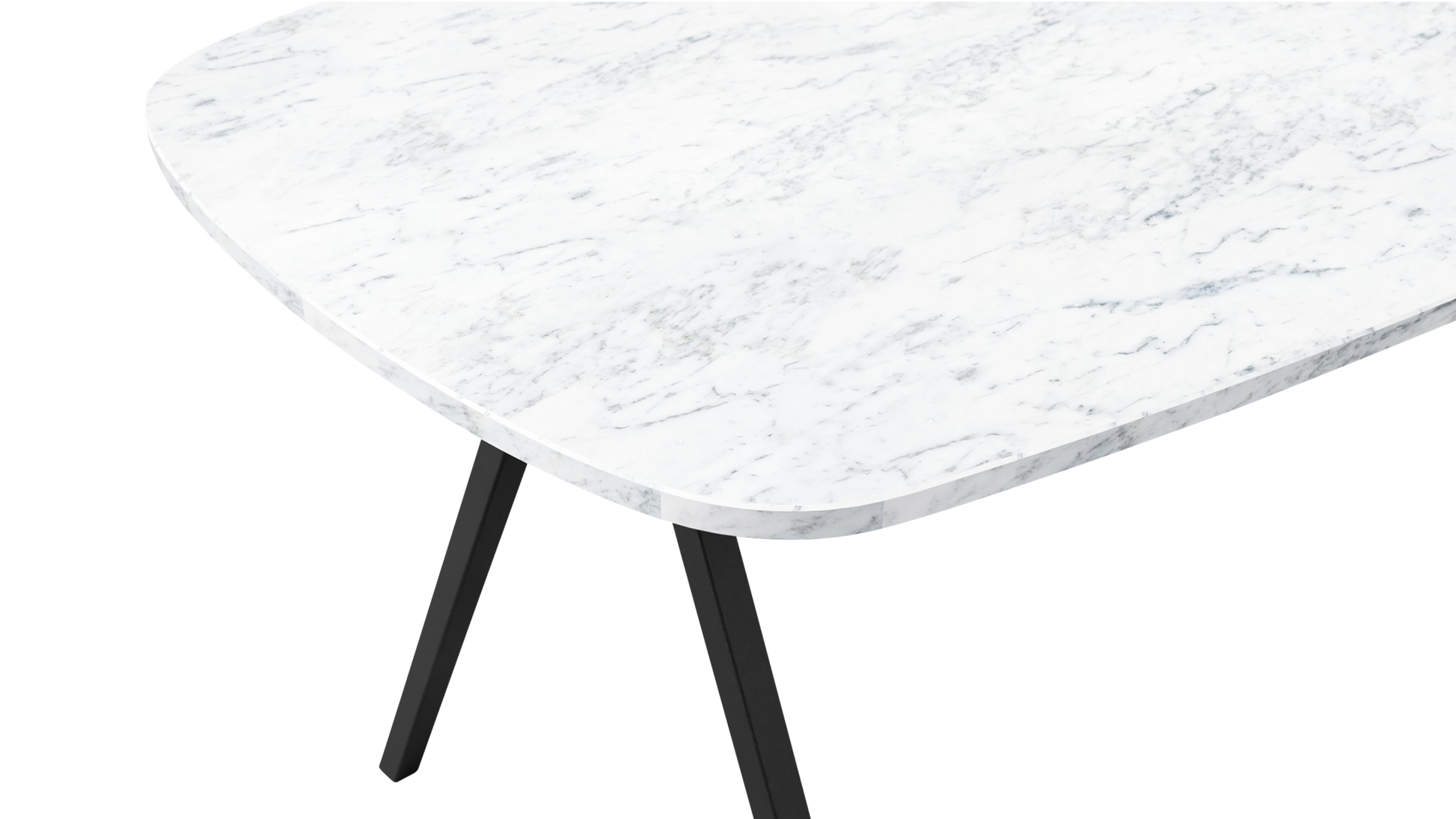 Celio marble dining table by My Store with Bianco Carrara white marble surface and V-frame base, glossy finish.