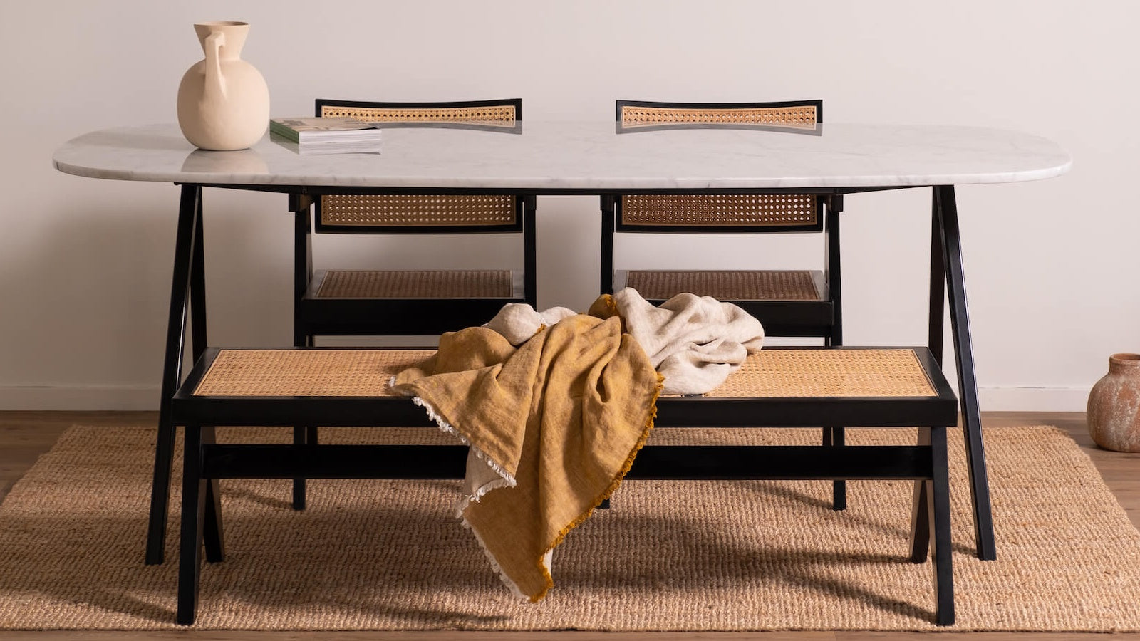 Celio Marble Dining Table in Bianco Carrara White with V-frame, glossy finish, 160x90 cm, modern marble dining table design.