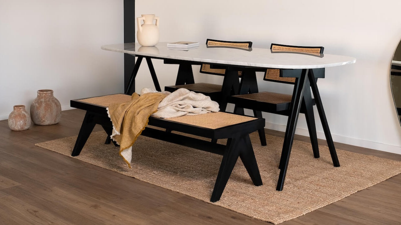 Celio Marble Dining Table by My Store with Bianco Carrara white marble top and V-frame design, glossy finish.