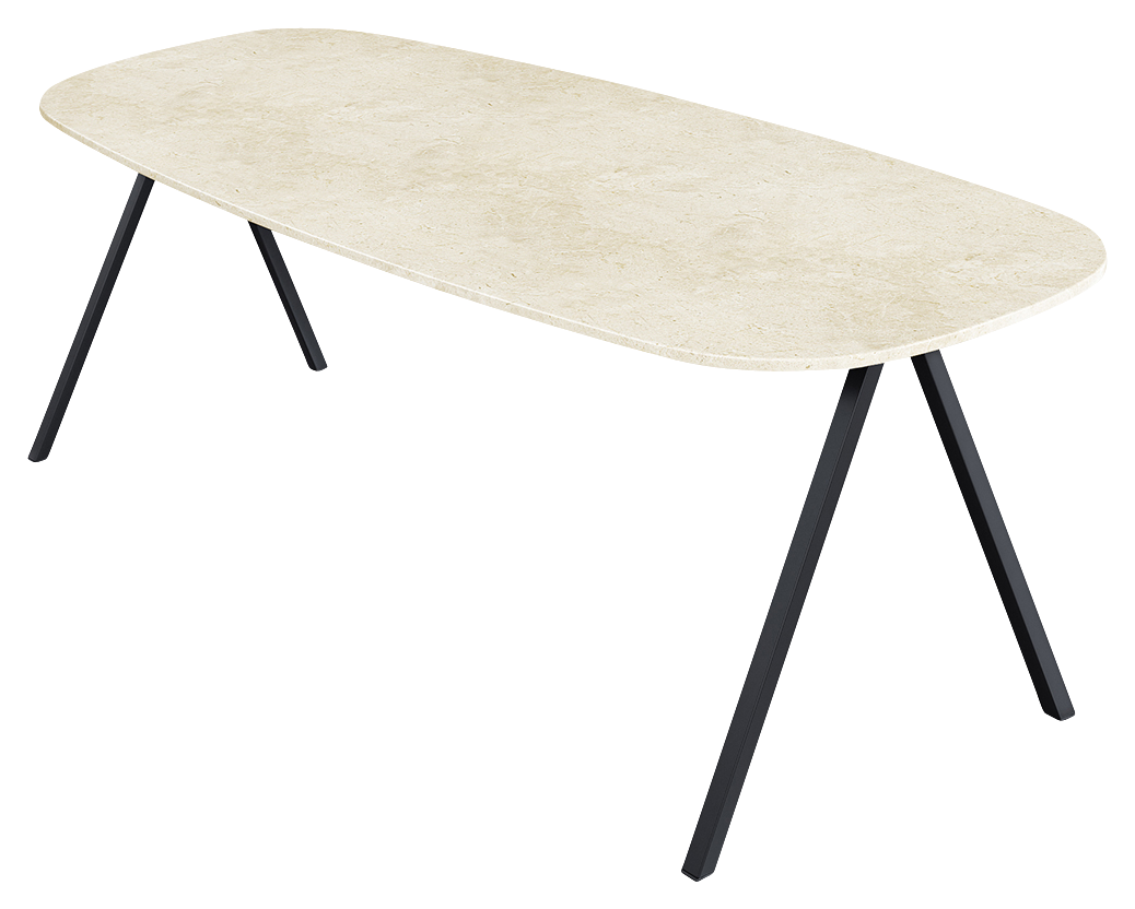 Celio marble dining table in Crema Marfil beige with V-frame design, glossy finish, ideal for modern dining rooms.