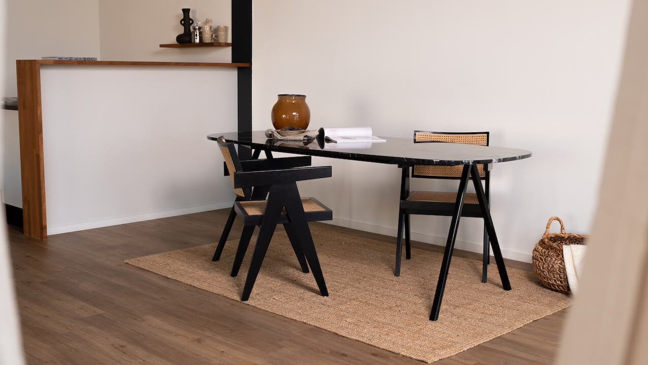 Celio Marble Dining Table by My Store with Nero Marquina black marble surface and V-frame design, glossy finish, 160x90 cm.