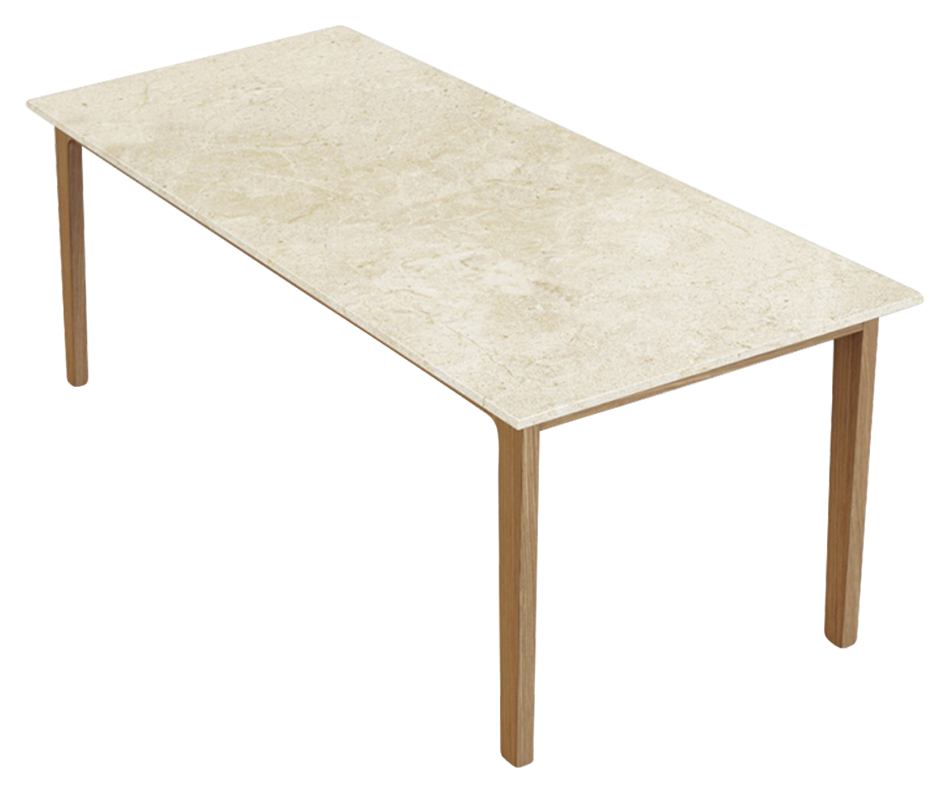 Crema Marfil beige marble rectangular dining table with wooden frame, 180x90 cm, glossy finish, good condition.