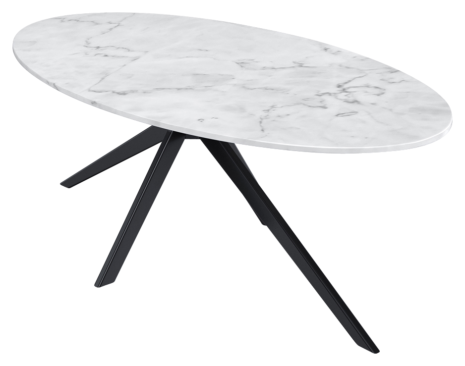Oval marble dining table with Bianco Carrara white surface and arch metal frame, glossy finish and elegant design.