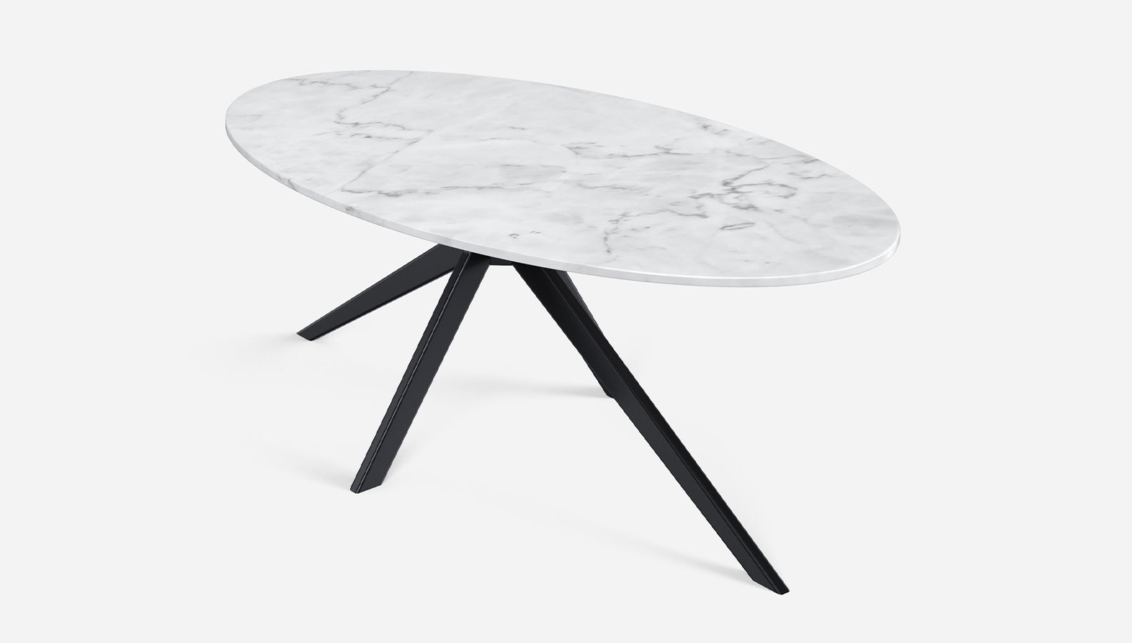 Oval marble dining table with Bianco Carrara white marble surface and arch metal frame, modern and glossy design.
