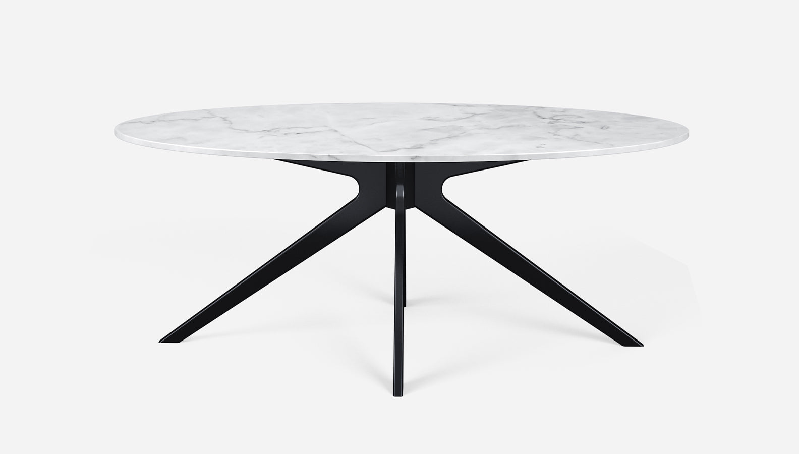 Oval marble dining table with Bianco Carrara white surface and arch-style base, glossy finish, by My Store.