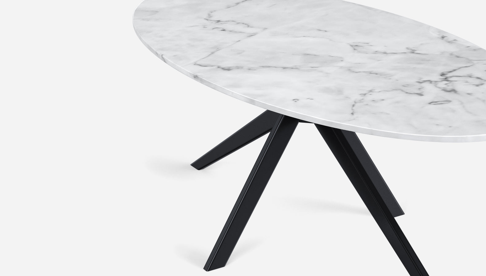 Oval Bianco Carrara marble dining table with glossy finish and arch metal frame, modern design for elegant dining rooms.
