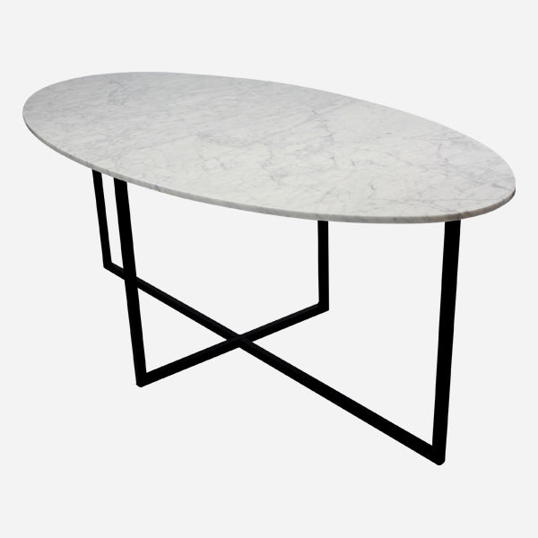 Oval Bianco Carrara marble dining table with a cross-frame base, glossy finish, 160x90 cm, by My Store.