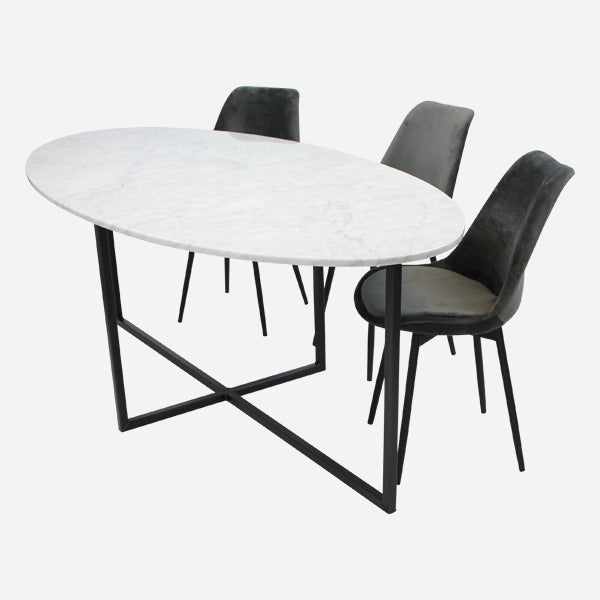 Oval marble dining table with Bianco Carrara white surface and cross-frame base, glossy finish, suitable for modern dining rooms.