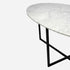 Oval marble dining table with Bianco Carrara white surface and cross-frame base, glossy finish, 160x90 cm.