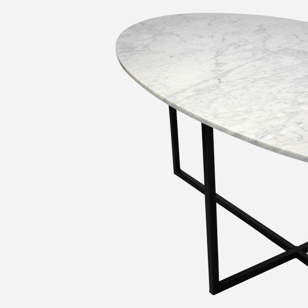 Oval marble dining table with Bianco Carrara white surface and cross-frame base, glossy finish, 160x90 cm.