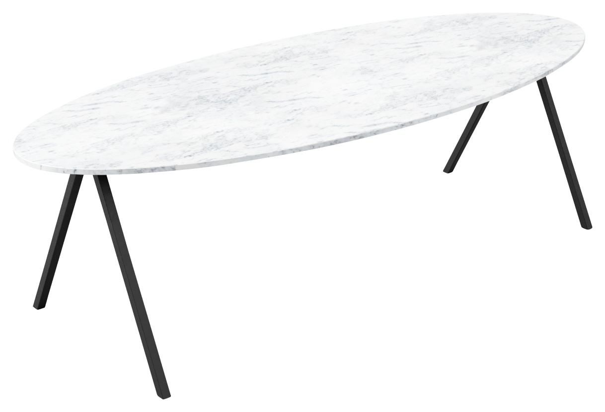 Oval Bianco Carrara white marble dining table with glossy finish and V-frame base, perfect for elegant dining spaces.