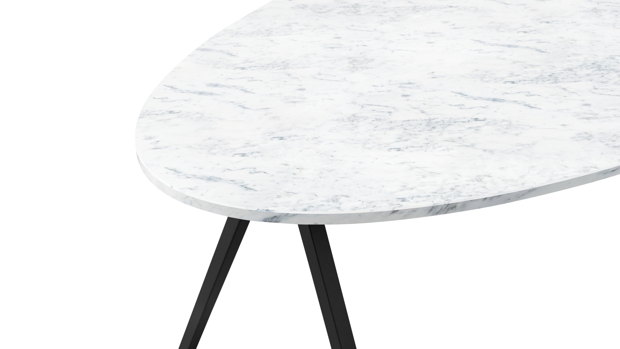 Glossy oval marble dining table in Bianco Carrara white with V-frame base, ideal for modern dining spaces.