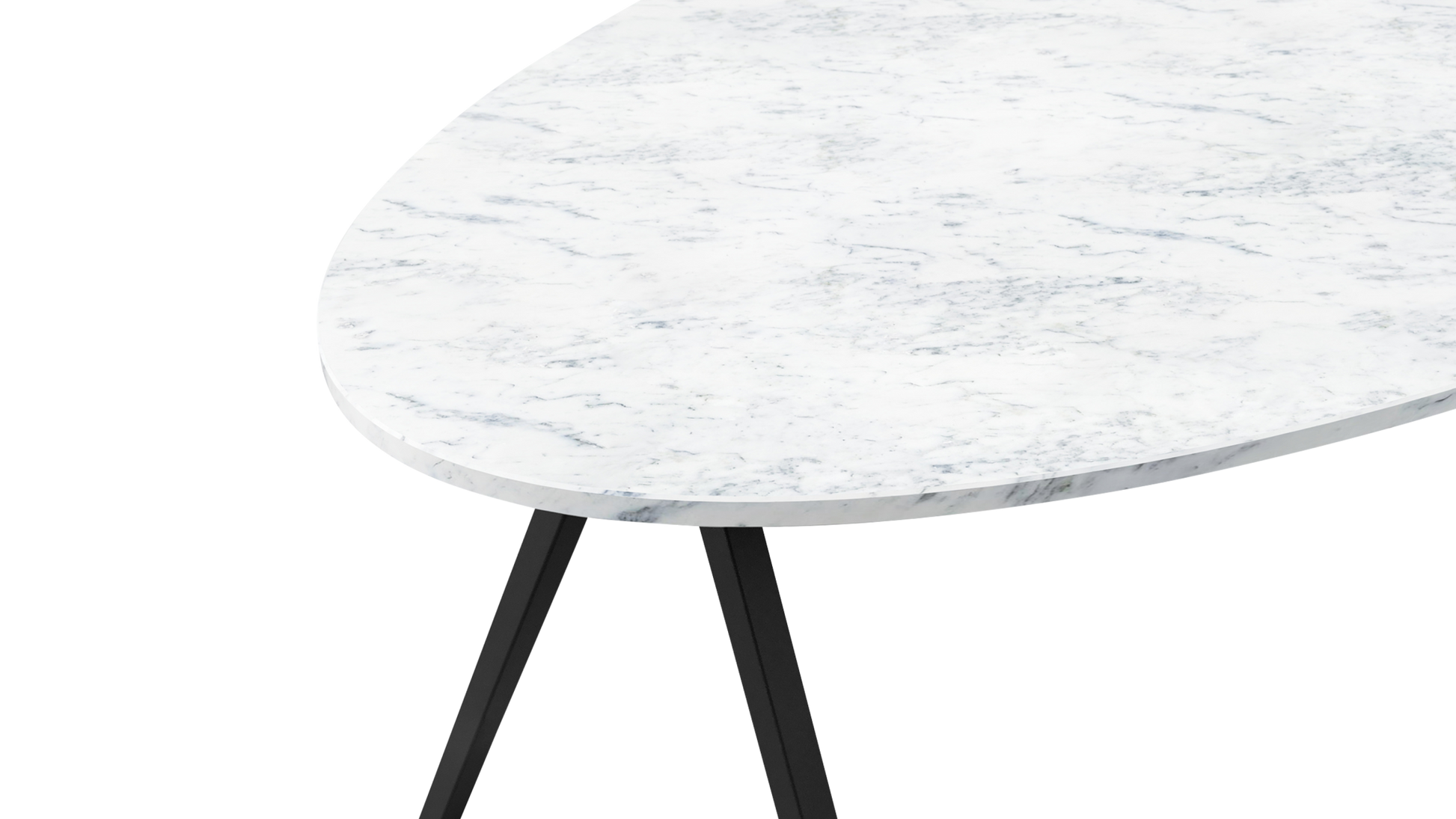 Glossy oval marble dining table in Bianco Carrara white with V-frame base, ideal for modern dining spaces.
