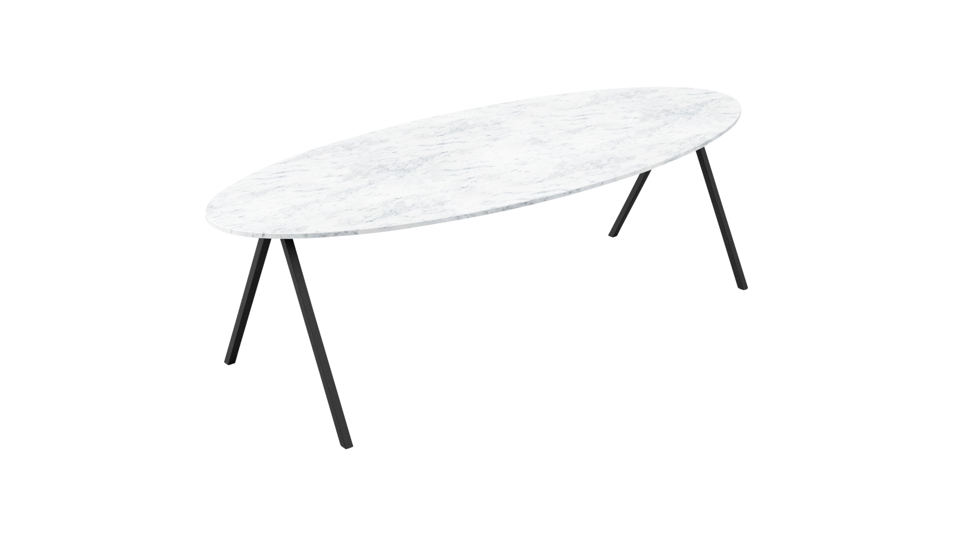 Oval marble dining table with Bianco Carrara white surface and V-frame base, glossy finish, 160x90cm.
