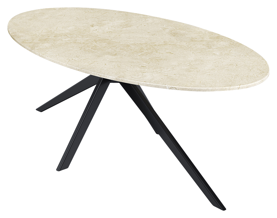 Oval marble dining table with Crema Marfil beige marble top and arch-style base, glossy finish, by My Store.