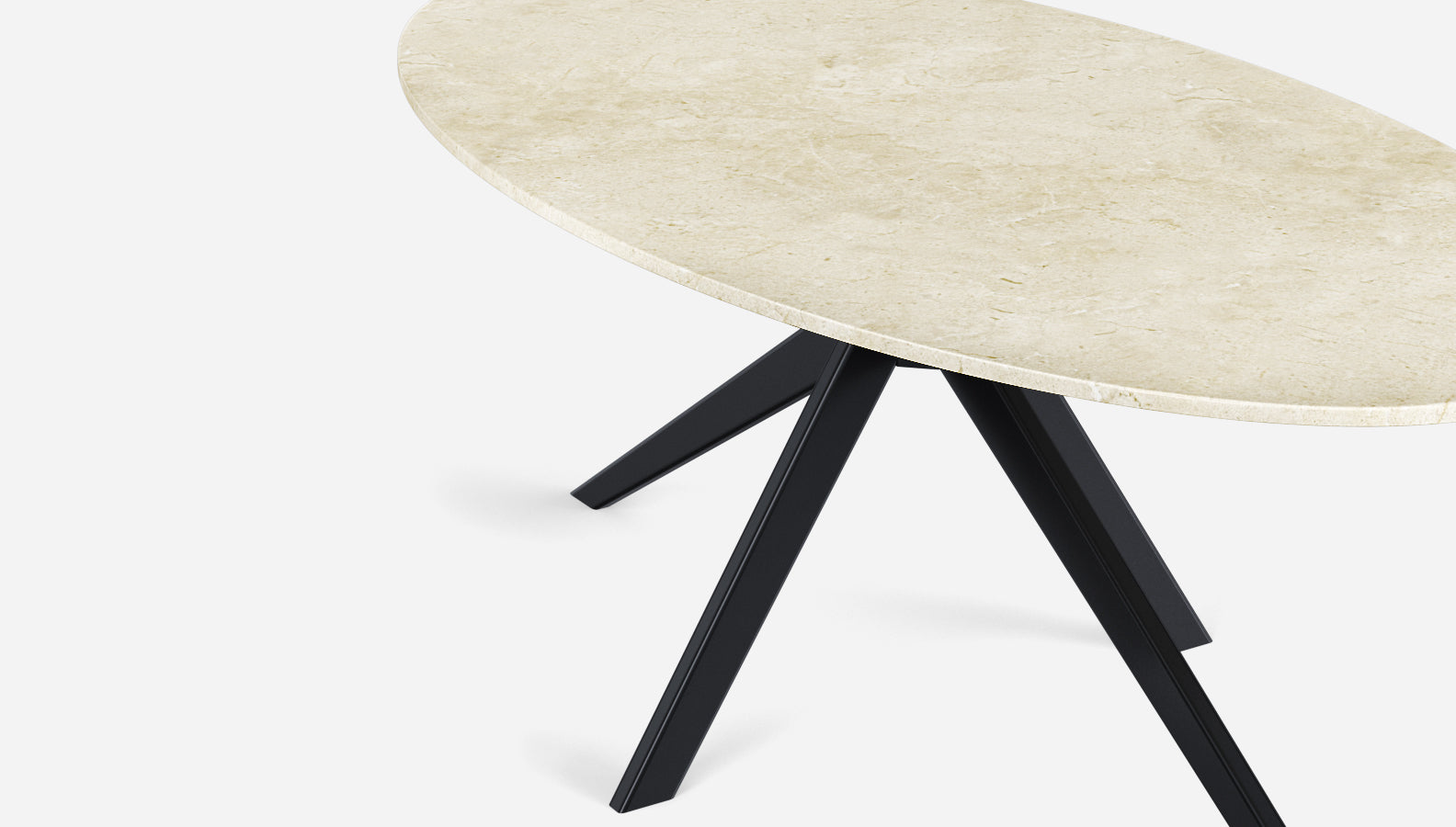 Glossy oval marble dining table with Crema Marfil beige marble top and arch metal frame, ideal for elegant dining rooms.