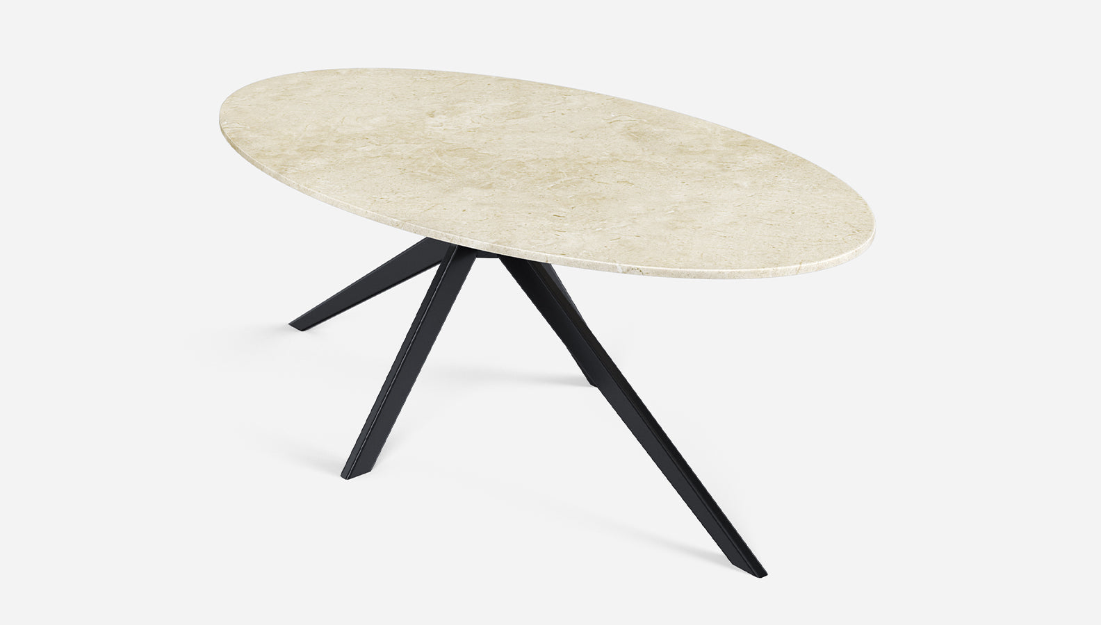 Glossy oval marble dining table in Crema Marfil beige with arch metal frame, modern design, perfect for elegant dining spaces.