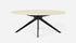 Glossy oval marble dining table in Crema Marfil beige with arch-frame design, perfect for elegant dining rooms.