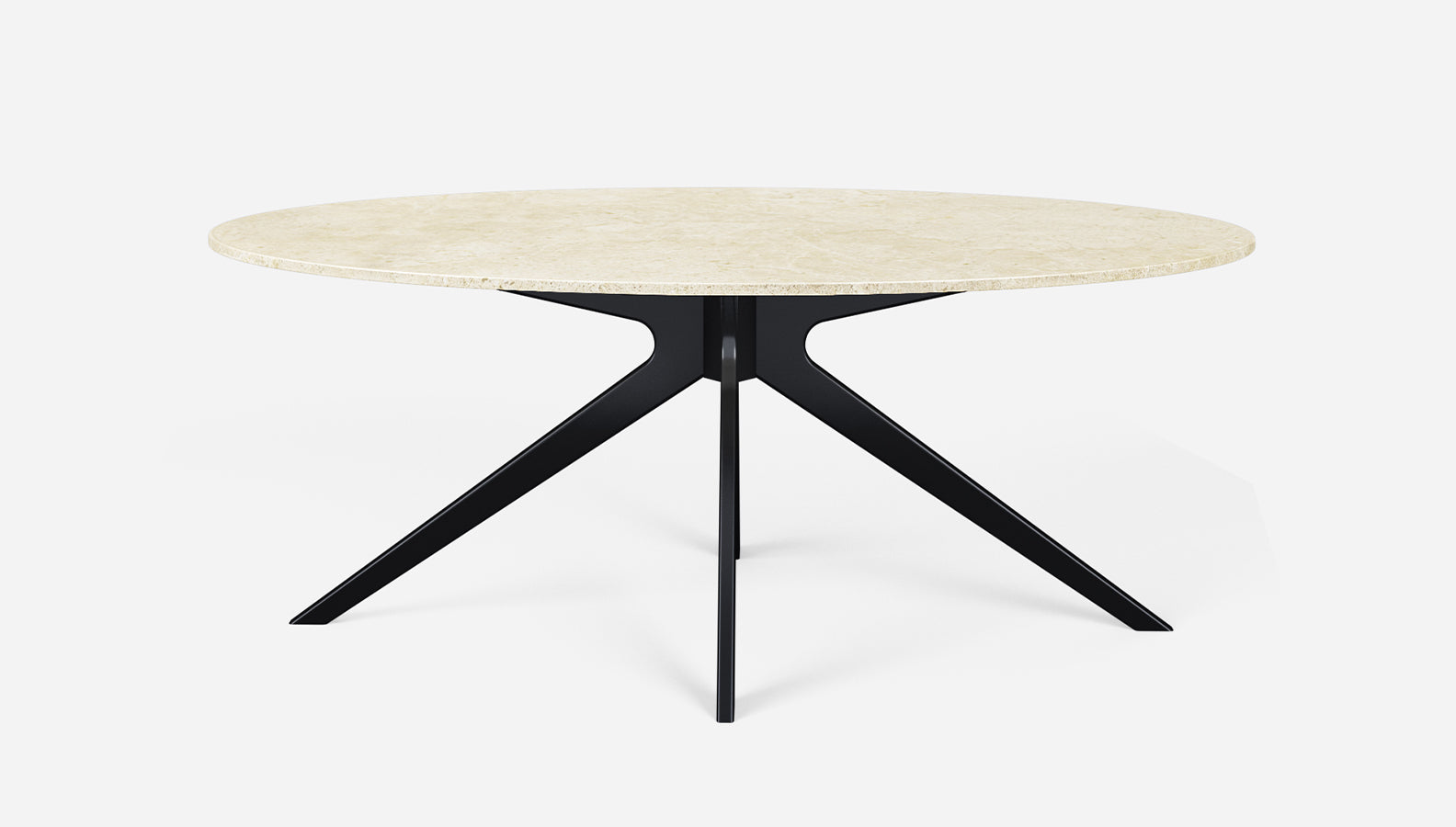 Glossy oval marble dining table in Crema Marfil beige with arch-frame design, perfect for elegant dining rooms.