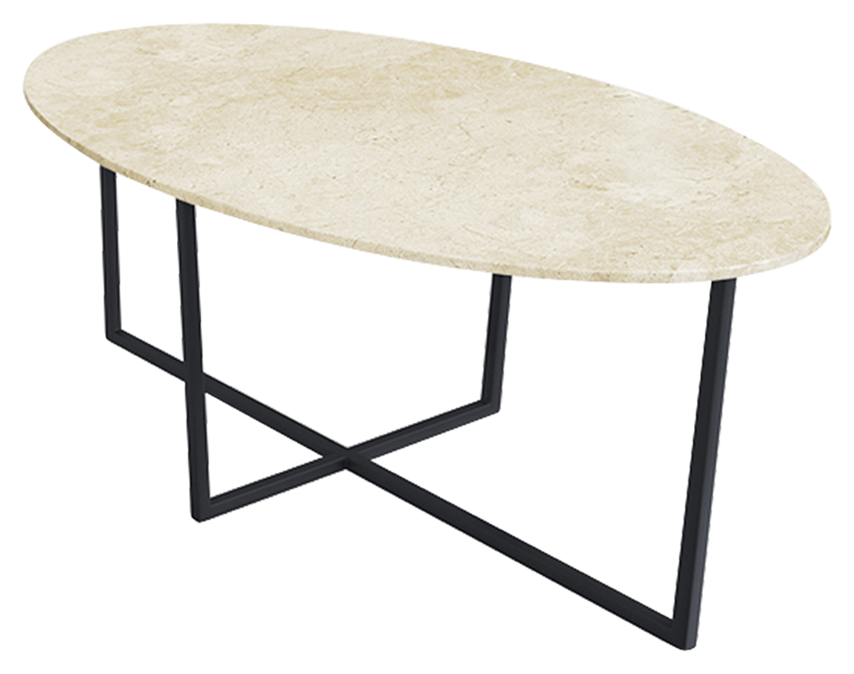Glossy oval marble dining table with Crema Marfil beige surface and cross-frame base, perfect for elegant dining spaces.
