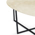 Glossy oval marble dining table with Crema Marfil beige surface and cross-frame design, ideal for elegant dining spaces.