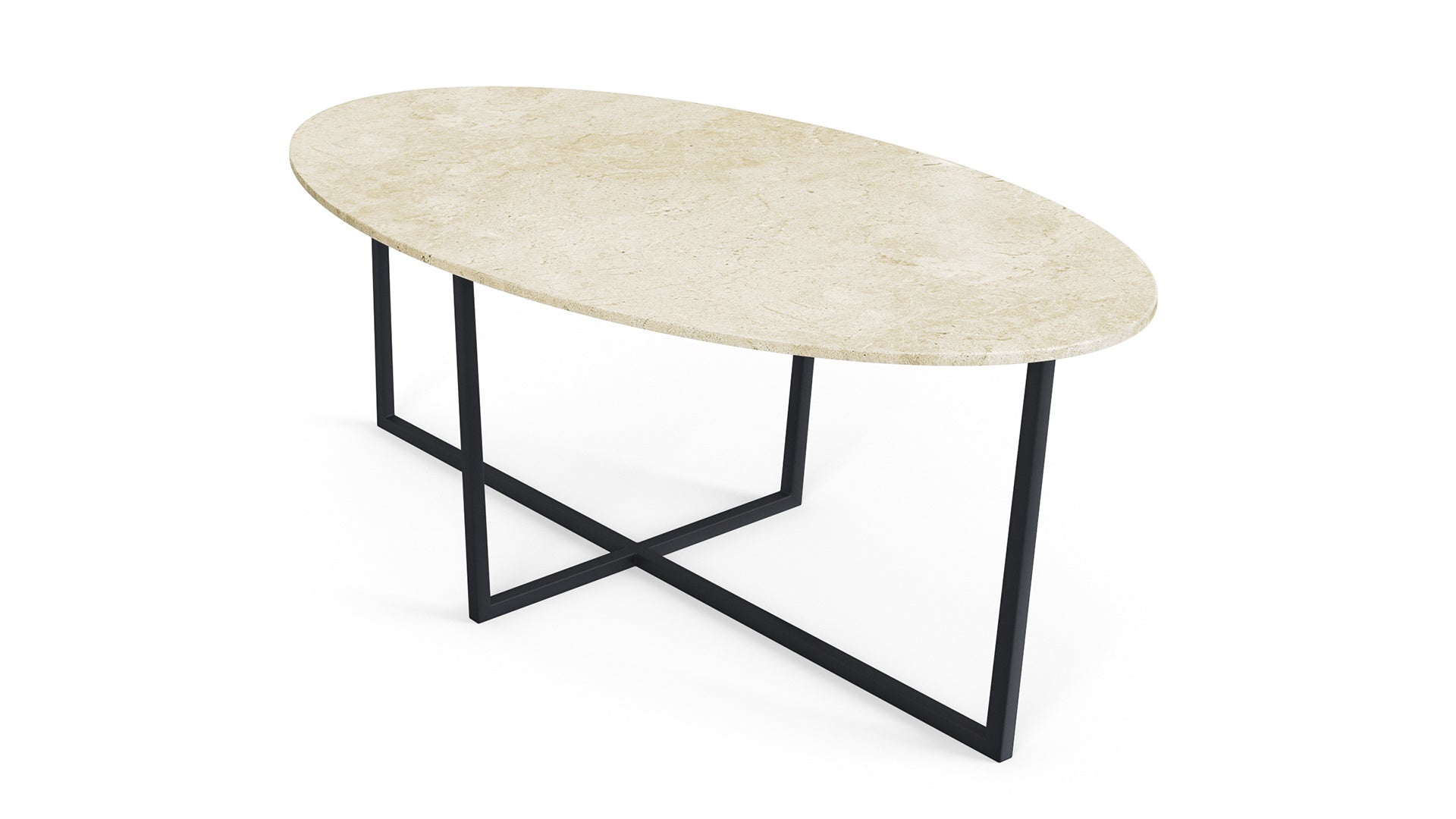 Beige Crema Marfil oval marble dining table with cross-frame base, glossy finish, 160x90 cm, modern design.