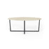 Glossy oval marble dining table with Crema Marfil beige surface and cross-frame design, perfect for elegant dining spaces.