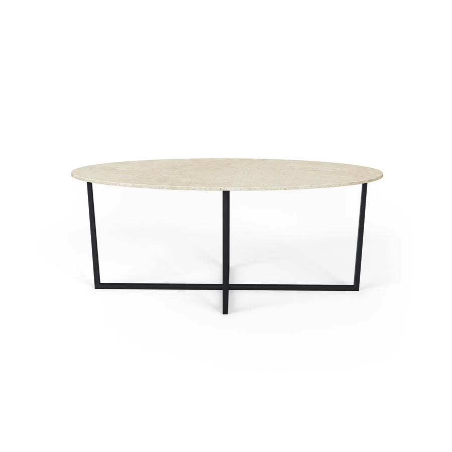 Glossy oval marble dining table with Crema Marfil beige surface and cross-frame design, perfect for elegant dining spaces.