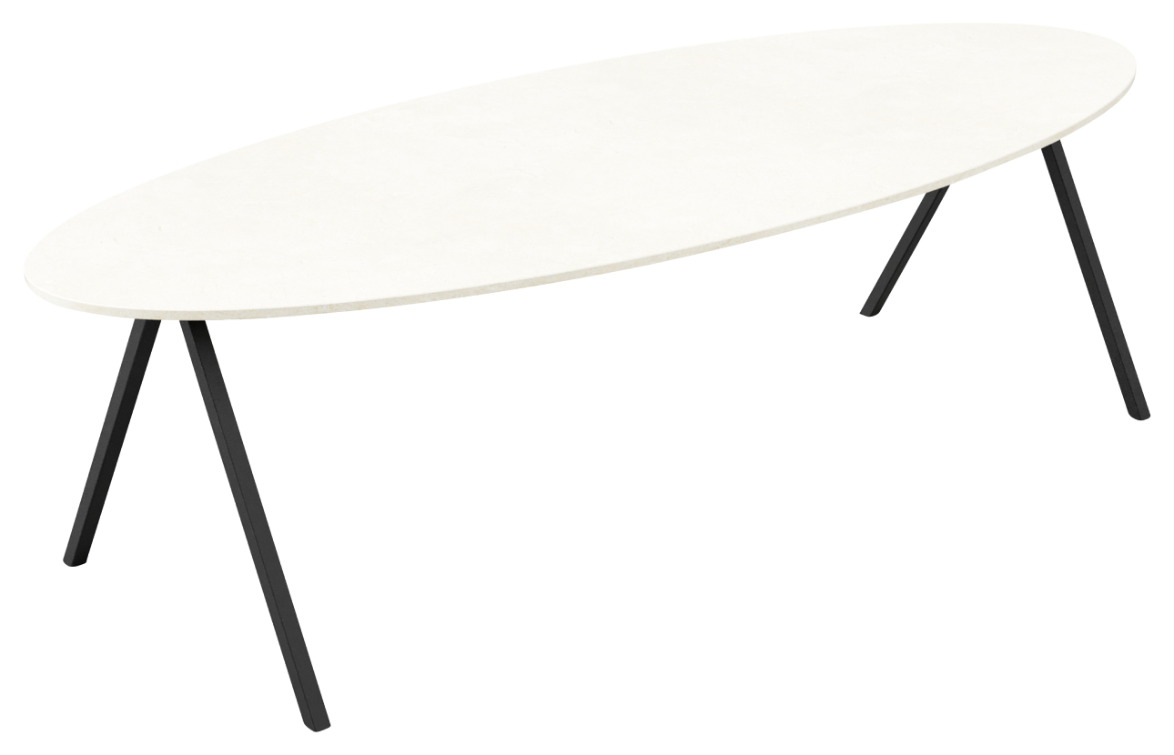 Glossy oval marble dining table in Crema Marfil beige with V-frame base, perfect for elegant dining rooms.